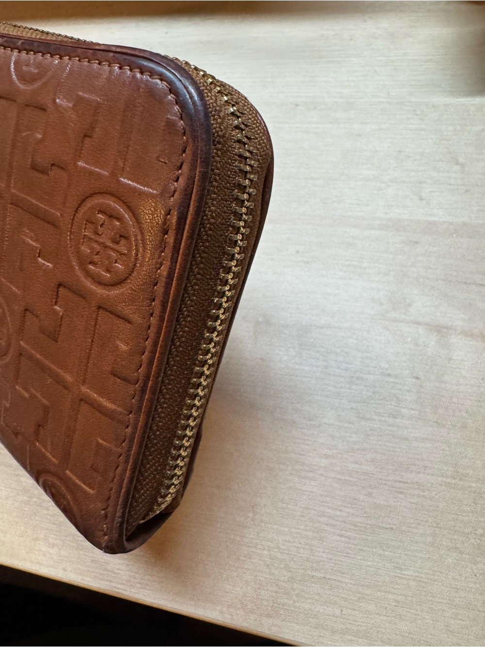Tory Burch Embossed Logo Zip Wallet in Brown with Gold Hardware - Picture 12 of 14